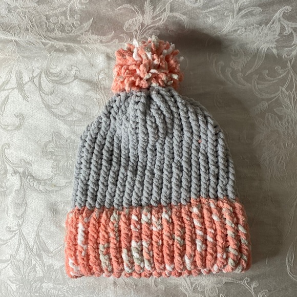 Accessories - Hand Crafted Knitted Grey and Peach Pom Pom Hat